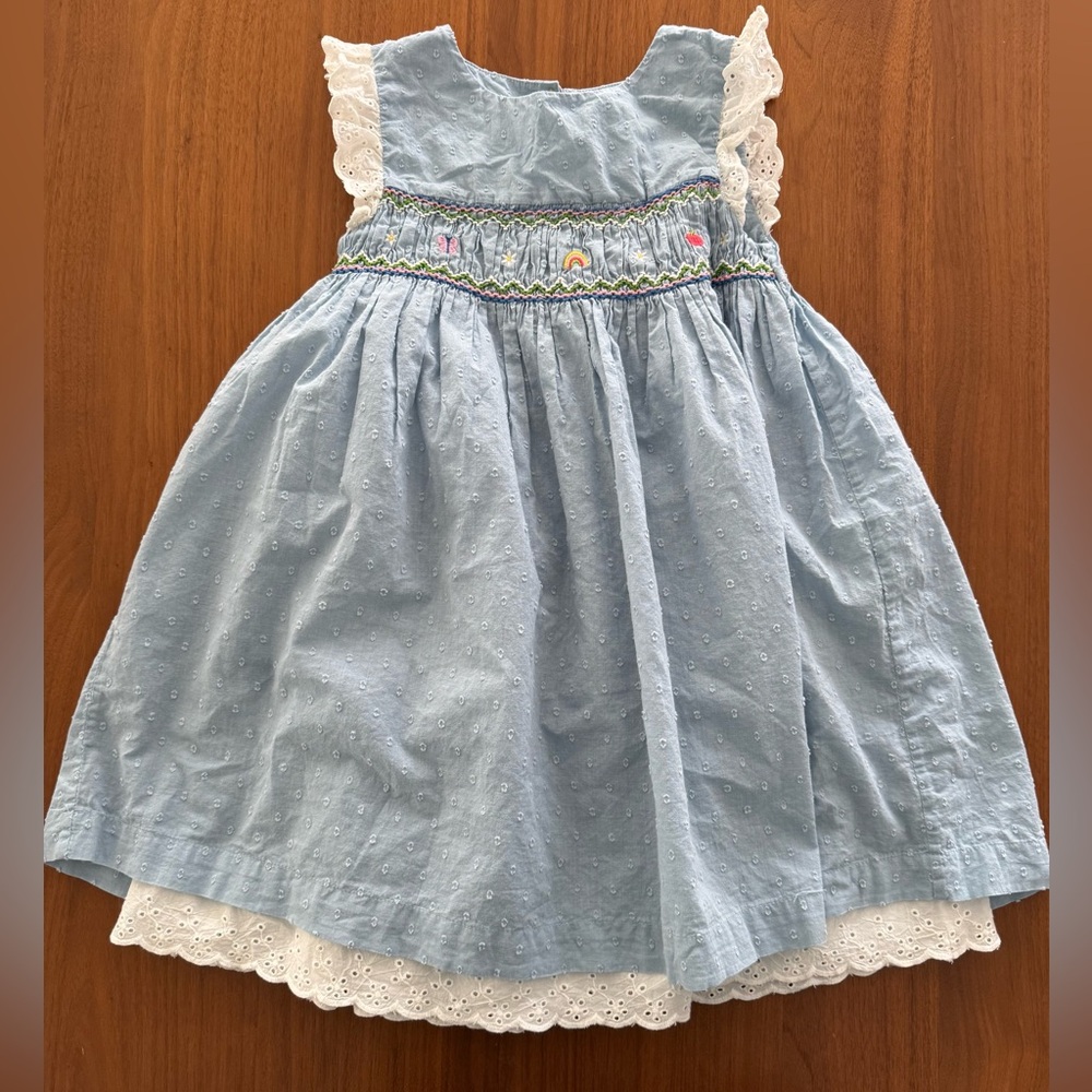 Mini Boden Smocked Swiss Dot Dress with Lace Trim